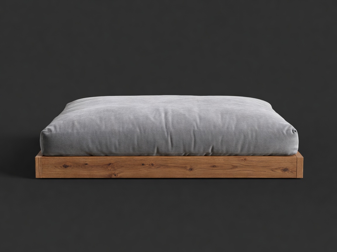 Concept render of an upholstered pet bed with a low oak frame and removable inner cushion