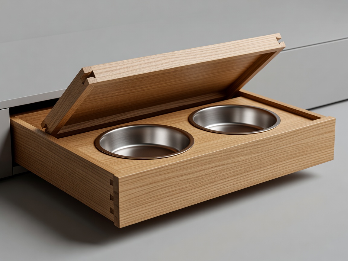 Concept render of a timber feeding drawer with a removable tray and two inset bowls